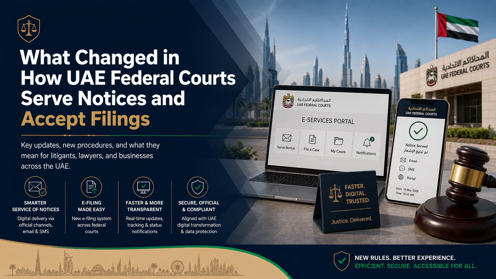 UAE Ministry of Justice e-filing portal on a laptop screen in a Dubai law office