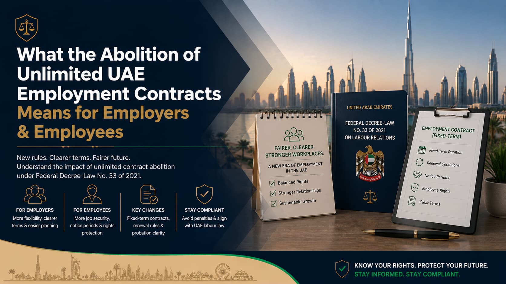 UAE employment contract document on a desk with Dubai skyline in the background